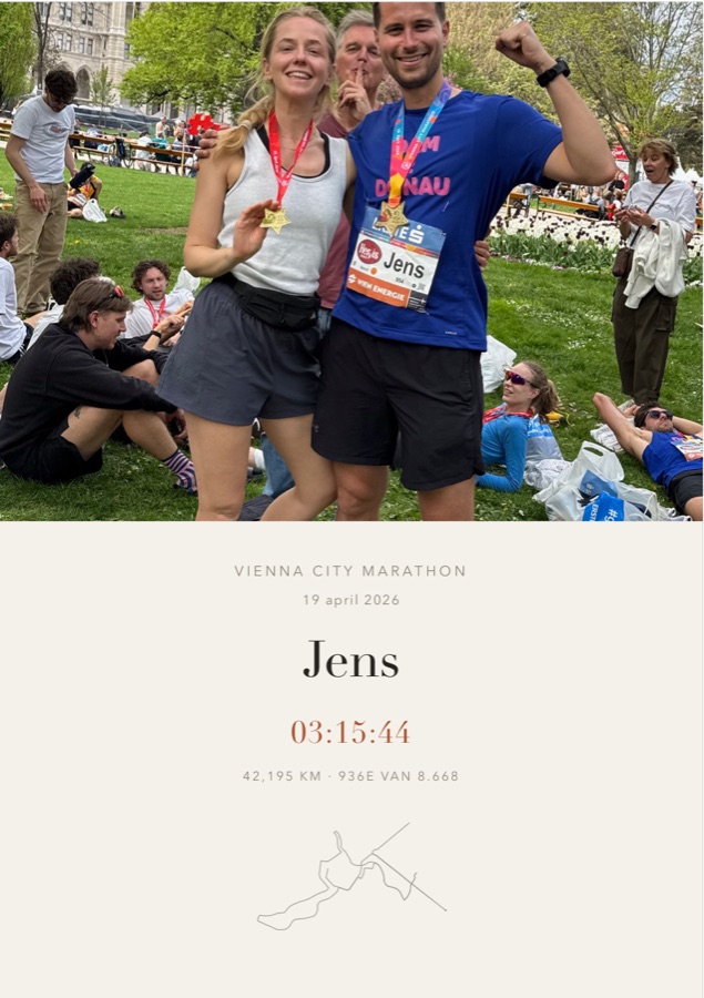 De omslag van een Finisher Story-boekje: een finishfoto, de naam van de loper, zijn eindtijd en het parcours als lijntekening.